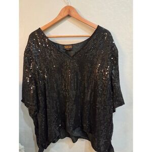 Vintage 90s Veelam Black Sequin Silk Top Short Sleeve V-Neck Blouse Plus Size 4X